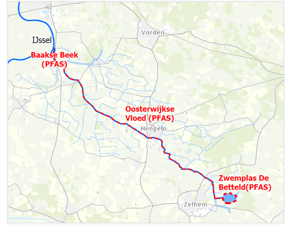 Er zitten verhoogde concentraties PFAS in de Oosterwijkse Vloed (van zwemplas de Betteld tot aan de Baakse Beek)  -	Een klein deel van de Baakse Beek (van de Oosterwijkse vloed tot aan de IJssel)  -	Zwemplas de Betteld