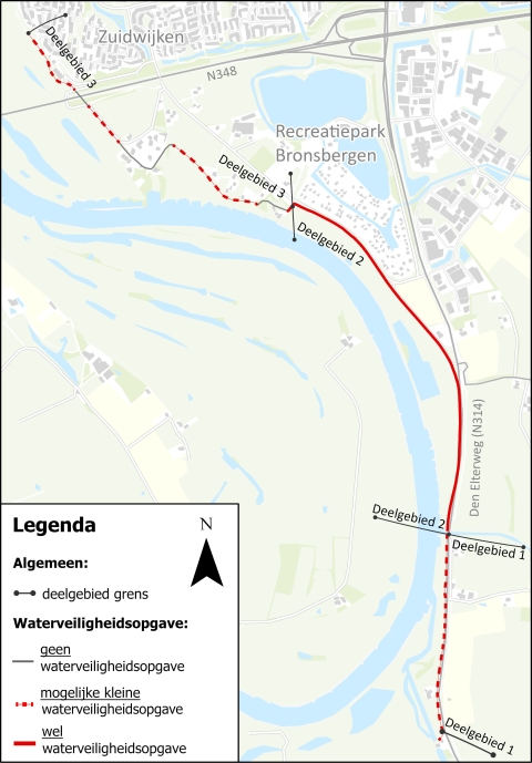 Er is één deelgebied waar we de dijk sowieso moeten versterken. Het gaat om het stuk Den Elterweg ten noorden van het Kanaal van Hackfort (Groene Kanaal) tot en met de dijk voor het vakantiepark Bronsbergen. Dit is deelgebied 2. Van de twee andere deelgebieden is nog niet zeker of de dijk versterkt moet worden. Het eerste deelgebied ligt ten zuiden van het Kanaal van Hackfort (deelgebied 1). Het andere deelgebied is vanaf de rivierduin De Harenberg tot aan de Stokebrand (deelgebied 3).