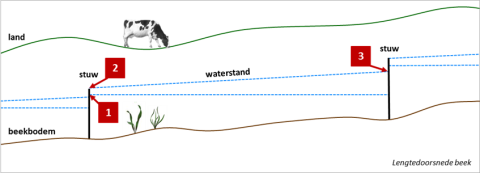 Op de tekening zie je de ondergrens bij nummer 1. En de bovengrens tussen nummer 2 en 3. Hierbinnen kan het waterpeil onder normale omstandigheden veranderen. Binnen deze grenzen zijn de waterpeilen zo gunstig mogelijk afgestemd op de landbouwfunctie in het gebied.