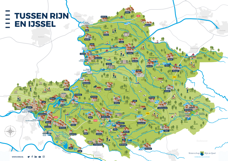 Kaart: Ons gebied ligt tussen de rivieren de Rijn en de IJssel. In het oosten grenst ons gebied aan Duitsland. 