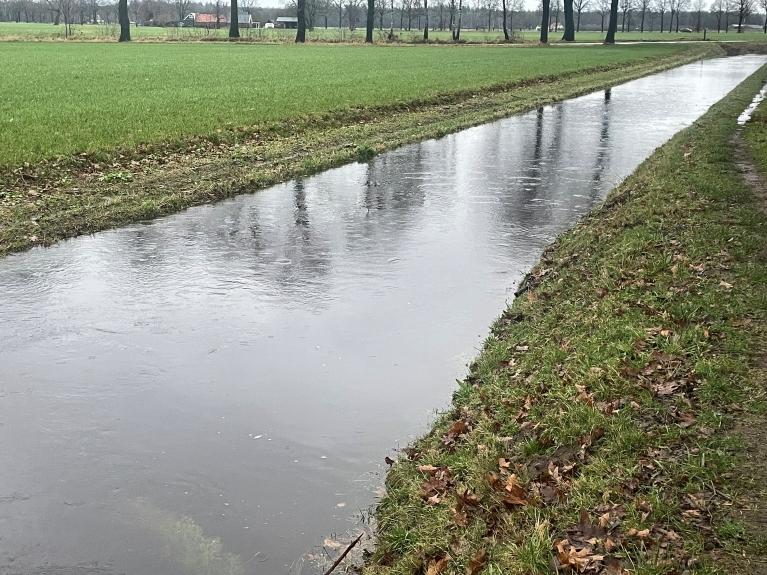 De Oosterwijkse vloed is vol. Wandelpaden lopen onder water. De vloed loopt af in de Baakse Beek en uiteindelijk in de IJssel.