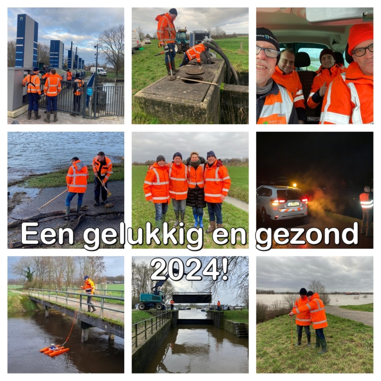 Een gelukkig en gezond 2024! Verzameling van kleine foto's van mensen aan het werk in oranje jassen.