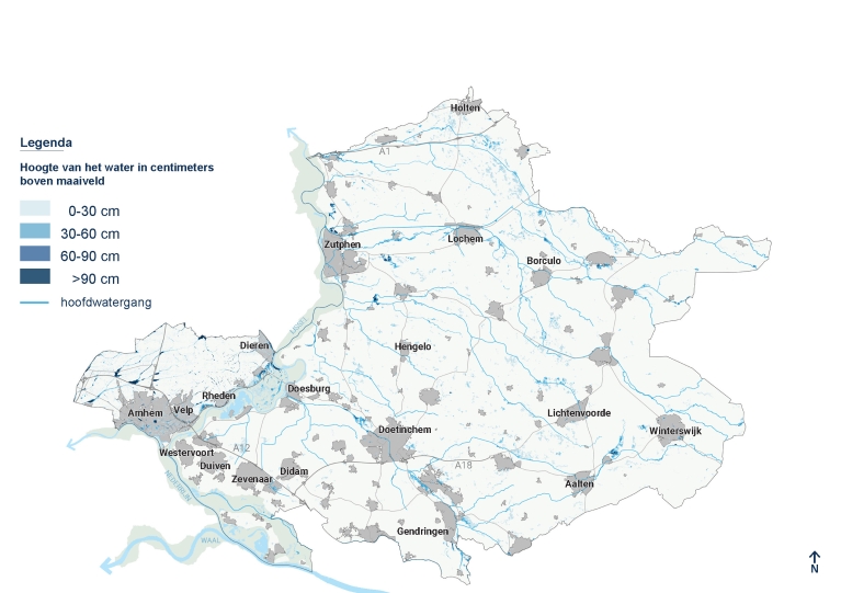 Dit is een kaart van de Achterhoek en Liemers. De steden en de rivieren zijn erin getekend. Het laat zien hoe hoog het water komt als de Limburg bui valt. Deze kaart laat zien wat er gebeurt als de grond erg droog is en de grondwaterstand laag is. Er is dan bijna geen overlast of schade. 