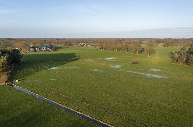 Luchtfoto van weilanden met water.